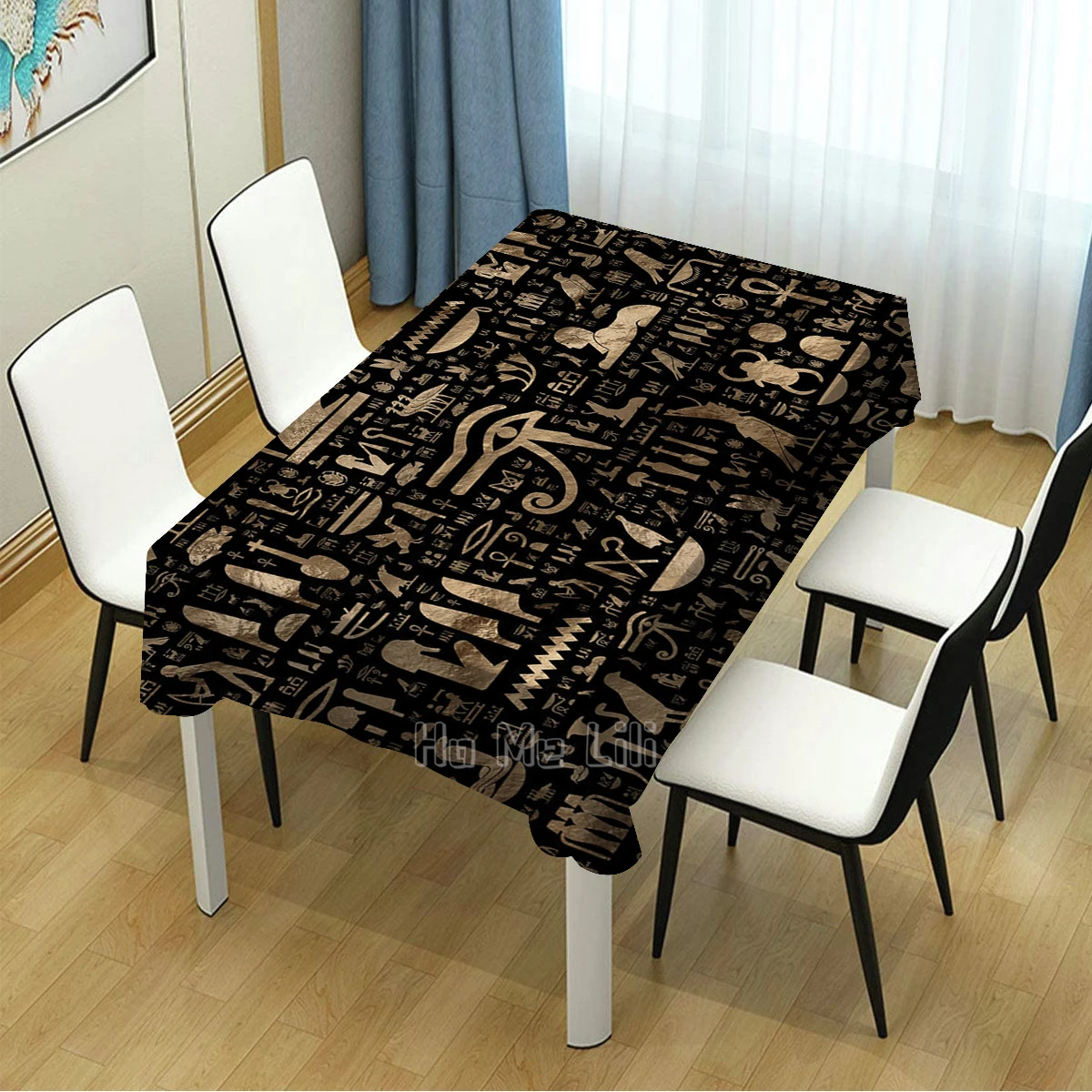 Egyptian Hieroglyphic Black And Gold Flat Mask Tablecloth Art Indoor And Outdoor Polyester Waterproof And Oil Resistant