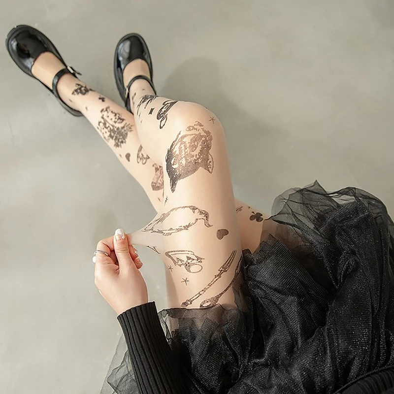 Tatuagem Lolita Girls Tights para Mulheres, Meias Altas para Coxa, Lingerie Sexy, Meias Femininas, Tatuagem JK, Y2K