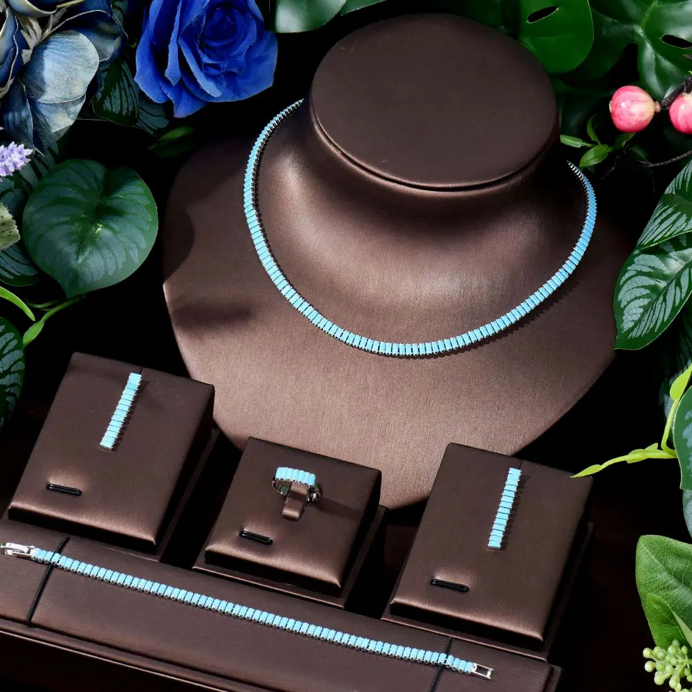 HIBRIDE Elegant Blue Summer Hundred Women's Necklace Earrings Set Funky Dress Party Shopping Dating Set Accessories S-470