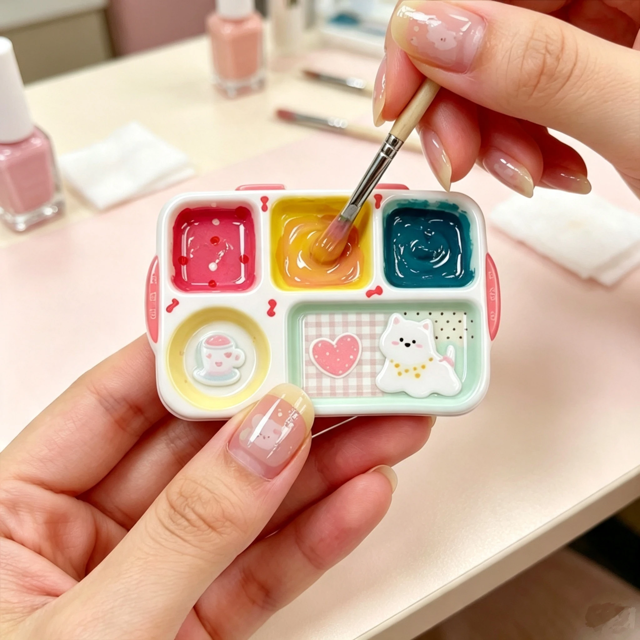 5pcs Mini Nail Art Palette Keychain Kawaii Makeup Mixing Tray Charm Portable Manicure DIY Tool Bag Pendant for Women Girls Gift
