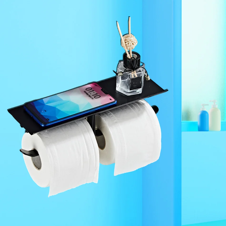 

Black Double Paper Holder with Phone Shelf Aluminum WC Paper Towel Storage Rack Tissue Roll Hanger for Kitchen Toilet Bathroom