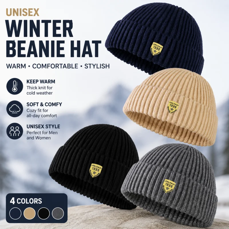 Unisex Winter Knit Beanie Hat, Warm Soft Ribbed Cuffed Skull Cap for Men Women, Outdoor Casual Cold Weather Hat