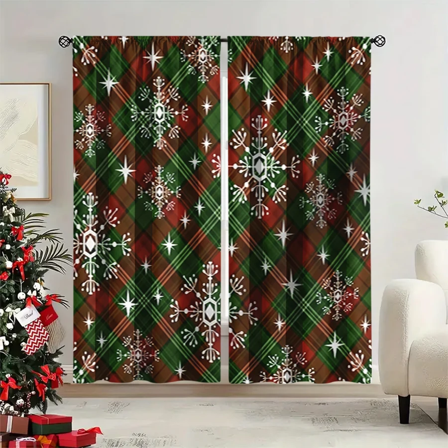 2PCS Christmas Winter Curtains, Plaid Snowflake Star Red Green Tartan Pattern, Digital Print, Bedroom Living Room, Home Decor