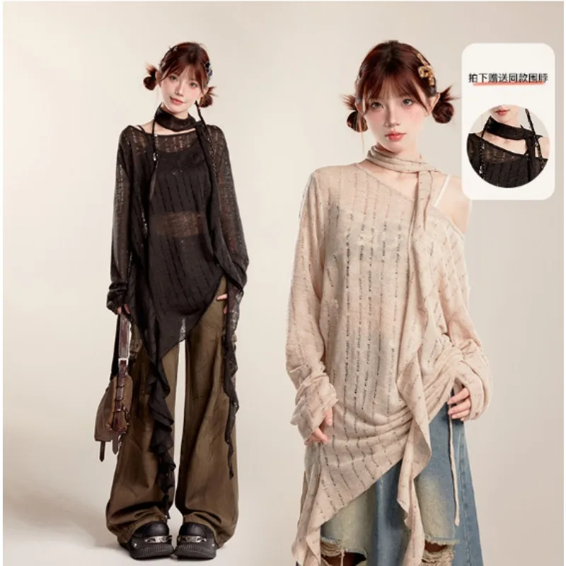 Women's Long Sleeve Knitted Sun Protection Cover-up New Summer Style Irregular Ruffled Off-shoulder Pure Desire Lace-up T-shirt