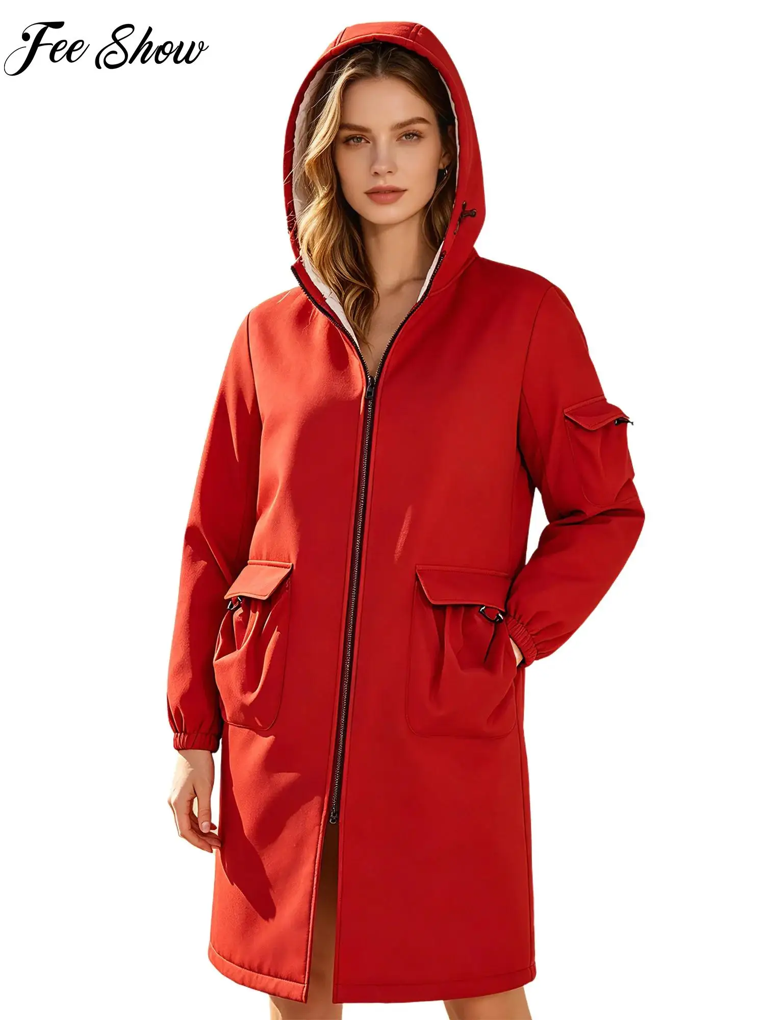 

Unisex Adult Swim Parka with Fleece Lining Long Sleeve Front Zipper Pockets Waterproof Hooded Jacket Swim Cover-up Warm Coat