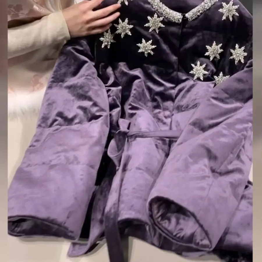 Marque de luxe brillant strass violet veste matelassée femmes nouveau automne hiver haut de gamme qualité épaissir matelassé haut doudoune