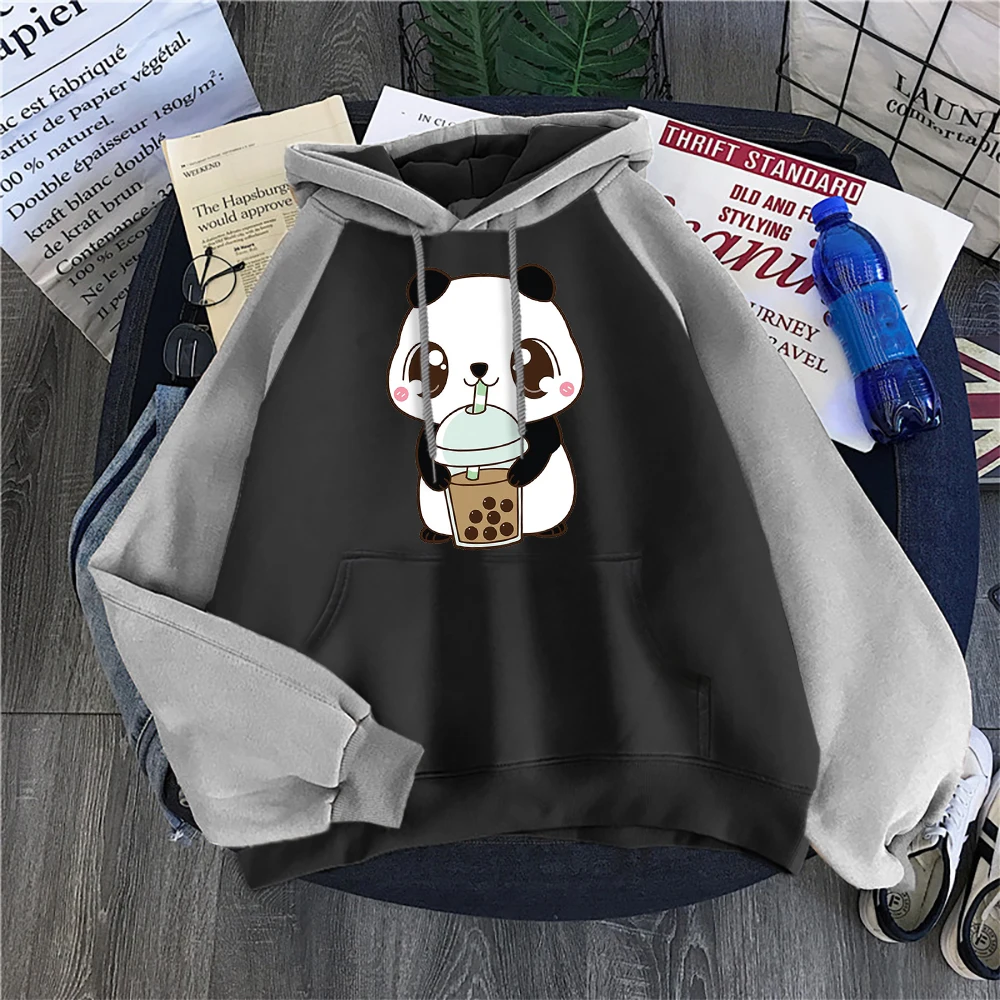 Baby Panda Drinking Milk Tea Print Women Hoodies Casual Raglan Hoodie O-Neck All Match Hoody Loose Street Comfortable Sweatshirt