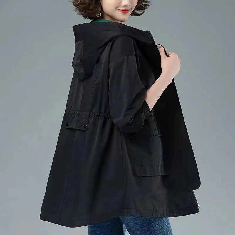 

2023 Women Trench Coat With Hooded Tops Autumn New Coat Long-Sleeved Loose Mid-Length Outerwear Female Windbreaker