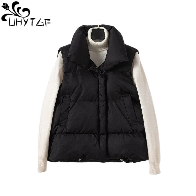 

UHYTGF Cotton Vest Women's Zipper Warm Sleeveless Jacket Female Solid Color Large Size Winter Waistcoat Coat Ladies Overcoat 429