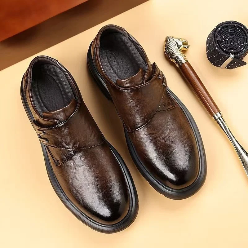 Men Thick Platform Monk Strap Leather Shoes, Slip On Magic Tape Comfort Business Formal Outdoor Casual Dress Footwear