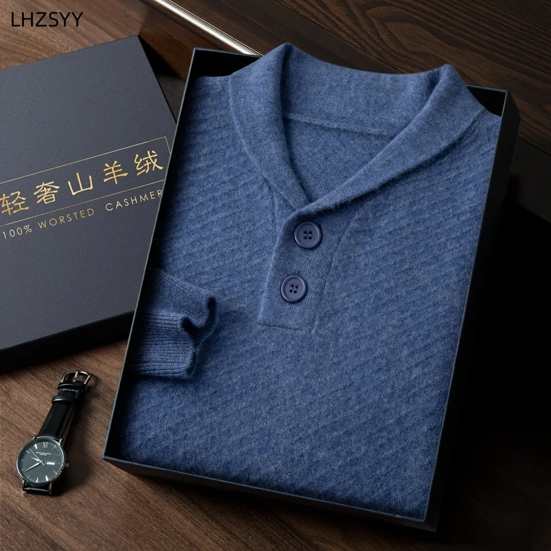 

LHZSYY 100%Pure Cashmere Sweater Men's Lapel Long Sleeve Pullovers Young Loose Button Tops High-End Business Casual Knit Shirt