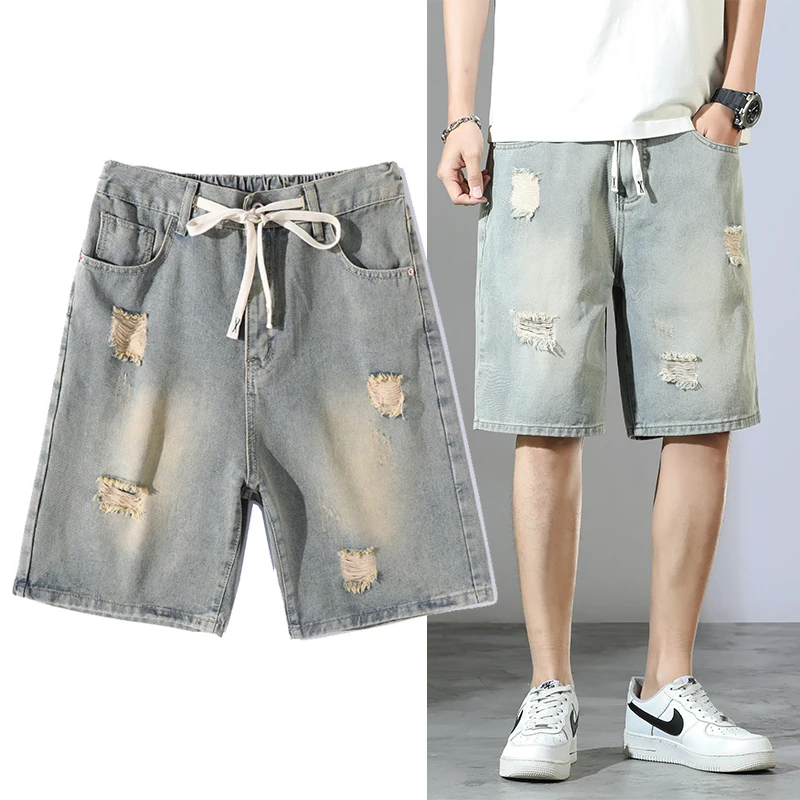 

Summer Ripped Denim Shorts Men's Clothing Straight Vintage Streetwear Hole Jeans Personality Streetwear Youth Short Pants