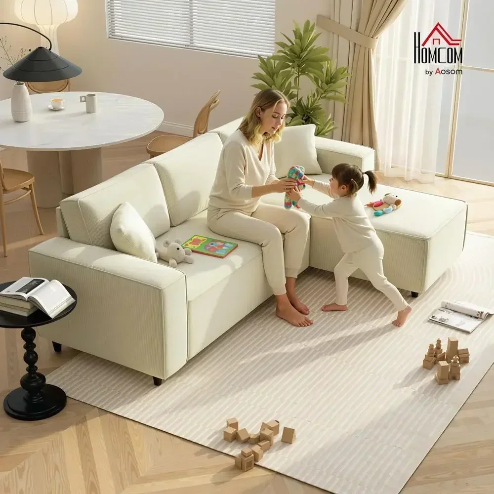 3-Seat Reversible Chaise L-Shaped Sofa with Corduroy Fabric, Plush Cushions, Wide Arms, Cream White
