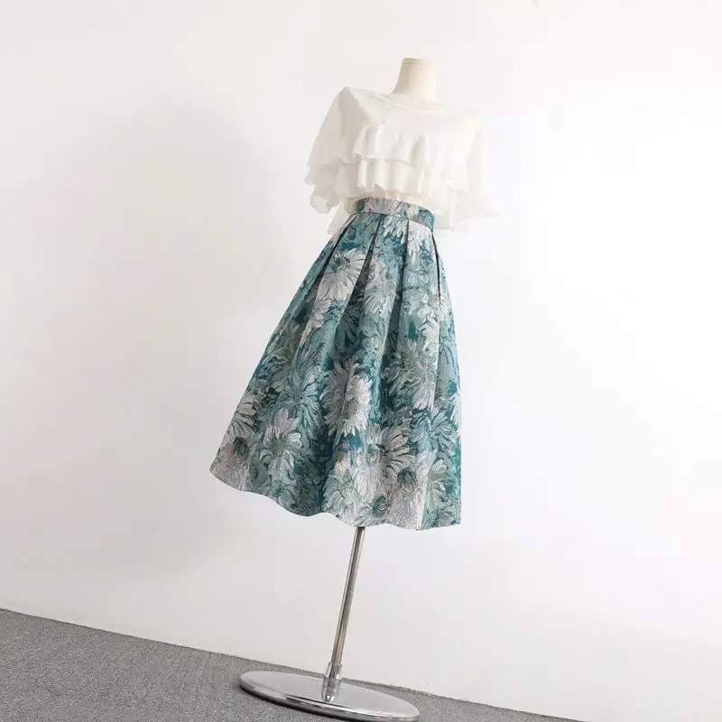 Korejepo Fluffy Skirt 2024 New Cross Covering Slim A Line Skirts Blue White Porcelain Oil Painting High Waist Large Swing Bottom