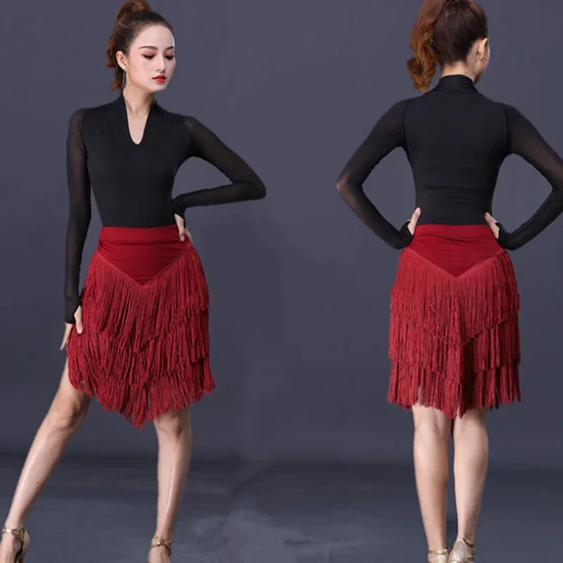 Women Latin Dance Skirt Irregular Ballroom Rumba Samba Tassels Dancewear Adult Female Training Chacha Performance Costume