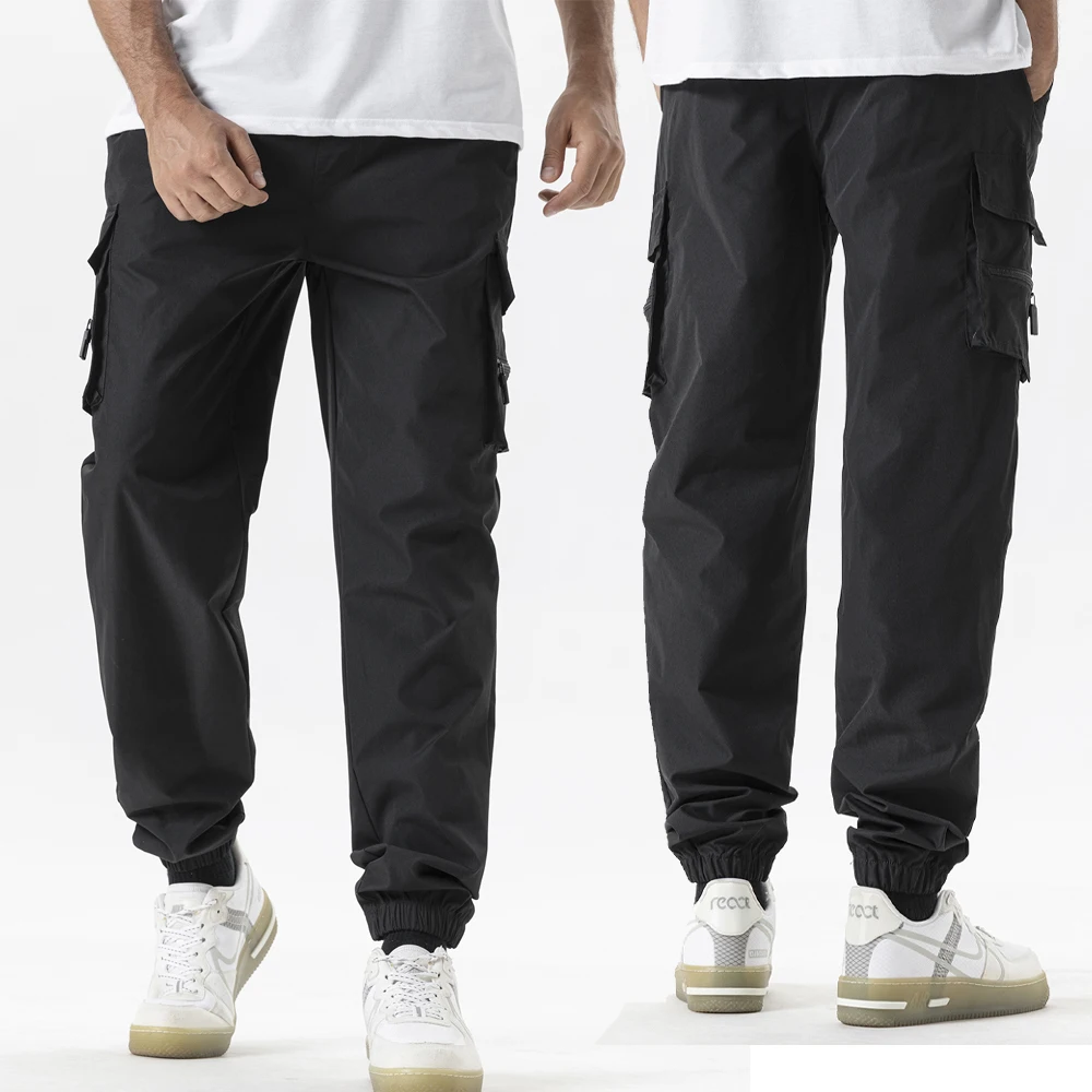 Men's Casual Cargo Pants Solid Color Loose Straight Workwear Drawstring Multi Pocket Hip Hop Joggers Pant Spring Summer Outdoor