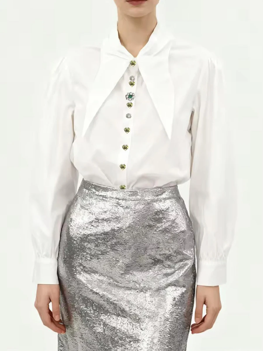 

Designer Spliced Bead Shirts for Women Spring Solid Lapel Long Sleeves Metal Buttons Fashion Shirt Female Casual Blouses Tops