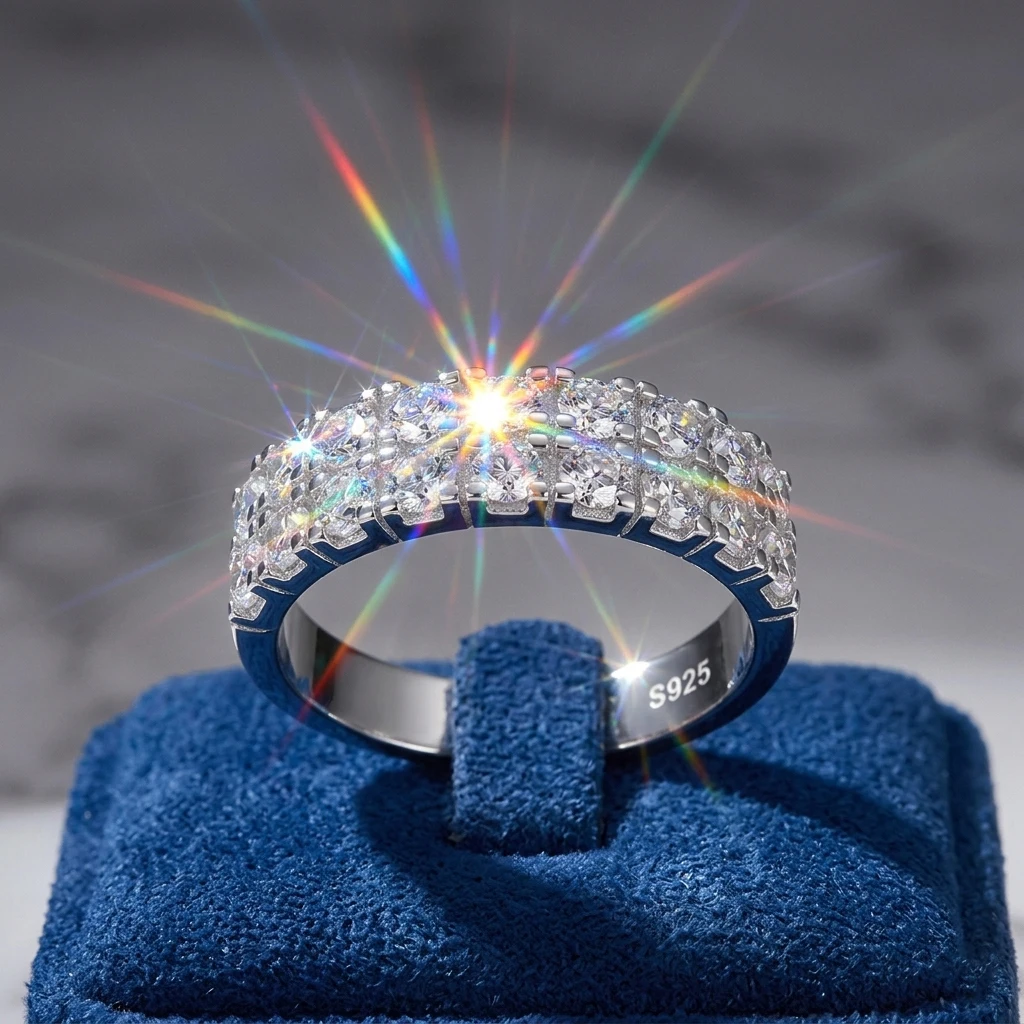 

Moissanite Ring, 925 Sterling Silver, D Color VVS1, Double Row Full Pave, Light Luxury Stackable, Unisex, Certificate Quality