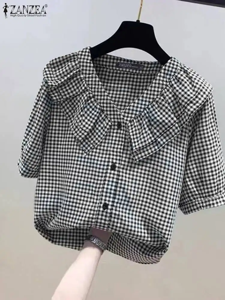 

ZANZEA Women Casual Checked Blouses V Neck 2024 Summer Fashion Short Puff Sleeve Gingham Shirts Ruffles Commute Daily Camisas