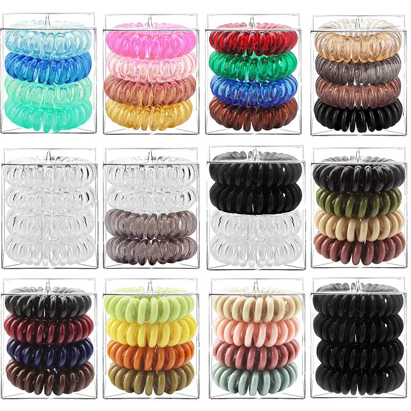 4 Pcs/Box Telephone Wire Elastic Hair Rubber Bands Transparent Spiral Hair Ties Rings Gum for Women Girls Hair Accessories