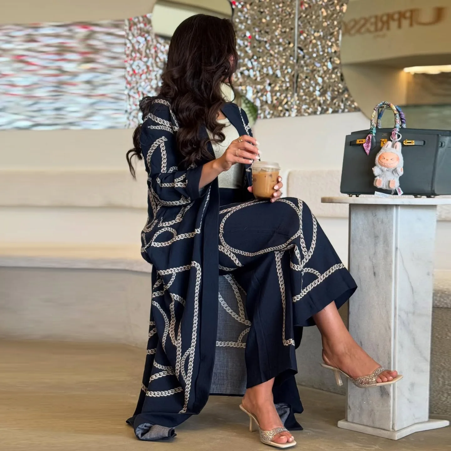 Benutzerdefinierte neueste Abaya muslimische bescheidene Kleider 2-teiliges Hosen-Set Langarm offene Abaya Türkei Druck Abaya Frauen muslimisches Kleid