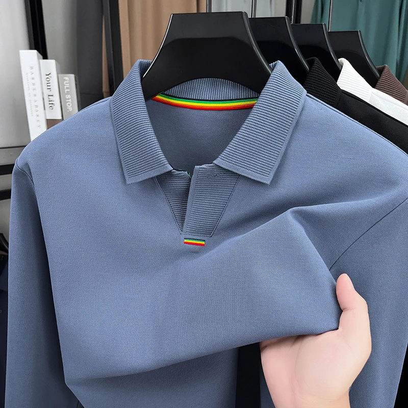 

Advanced trend long sleeve men's polo shirt simple embroidery business casual solid color comfort unique scissor neck T-shirt