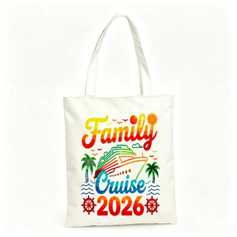 Family cruise graphic canvas tote bag, ideal for summer travel and casual outings
