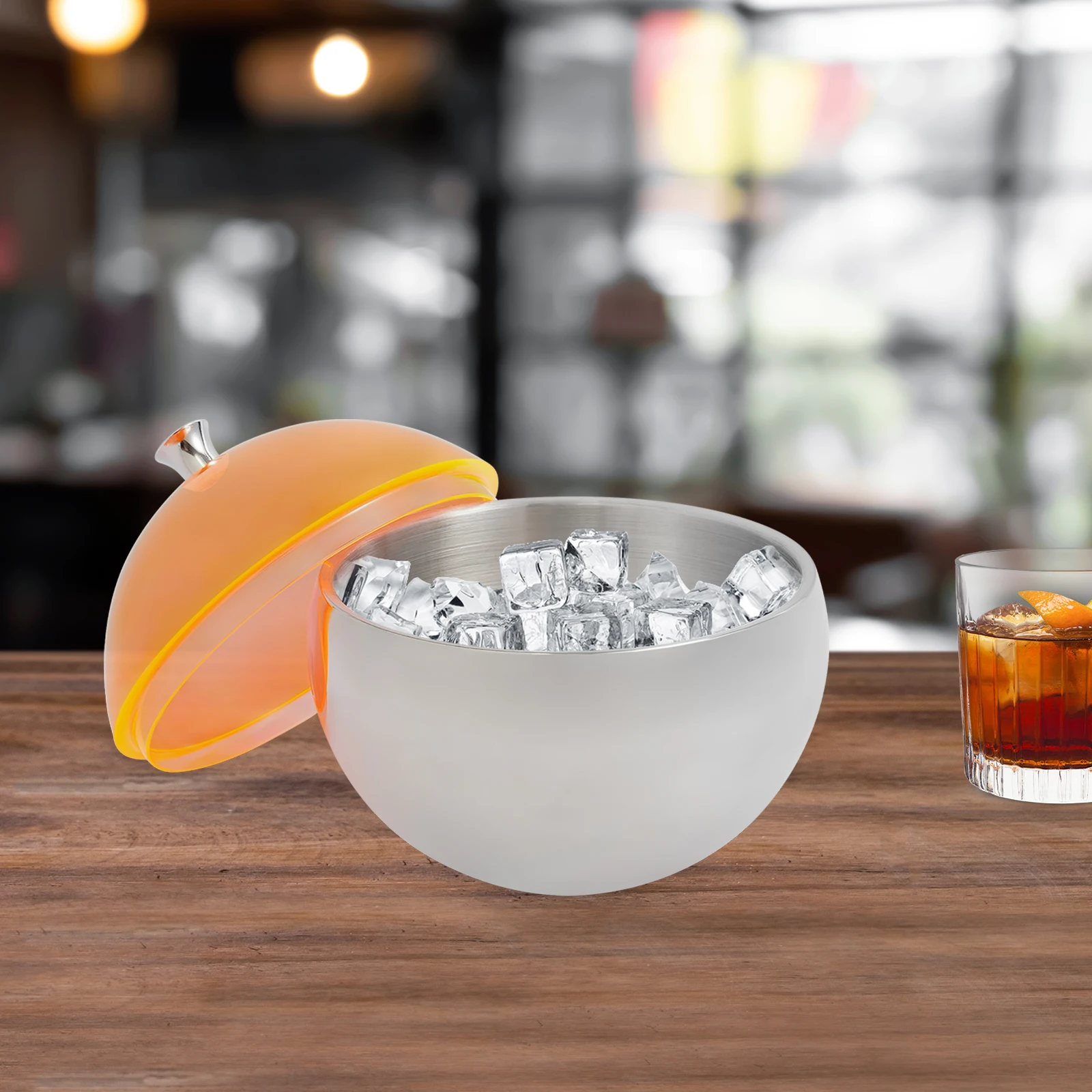 Stainless steel spherical ice bowl with orange lid