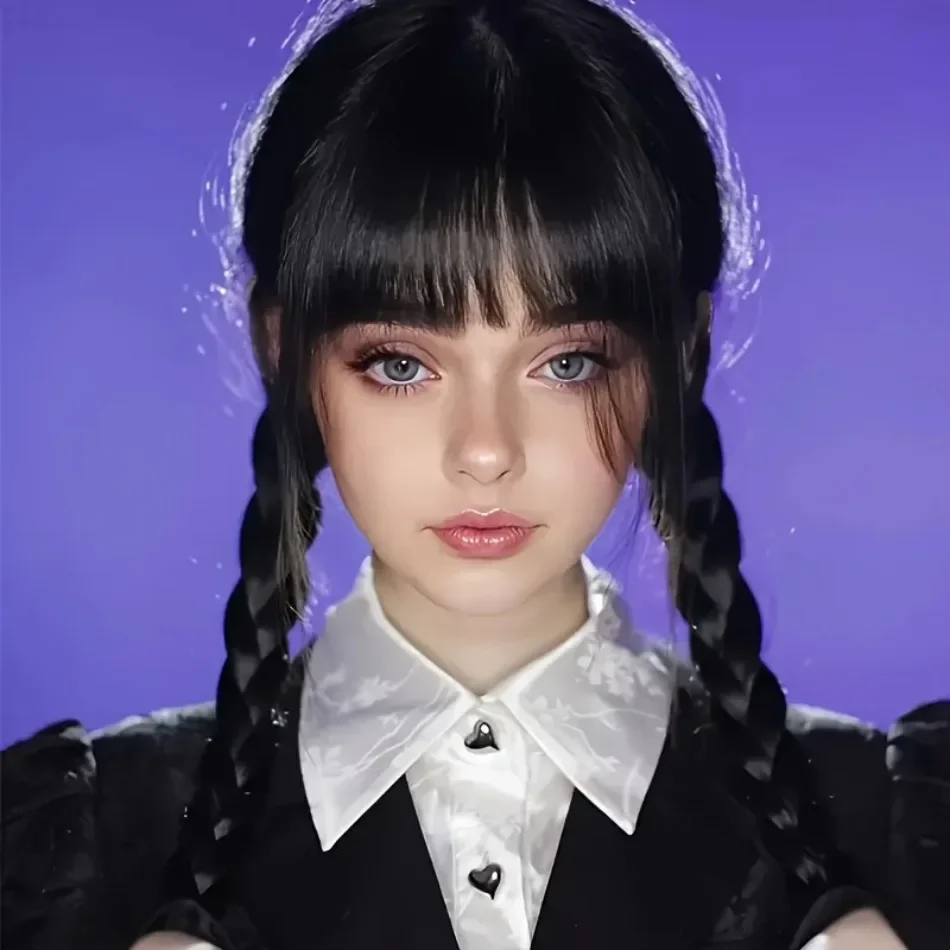 Halloween Spot Adams Family Wednesday Cos Wig High Temperature Silk Full Head Cover Black Double Braids Girls Black Braided Wig
