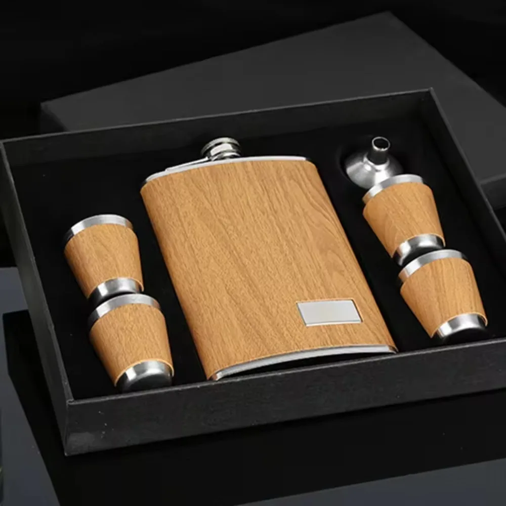 9oz Wood Grain Hip Flask Set Stainless Steel with Wine Cup and Funnel Wine Flagon Retro Thickened Wine Bottle Men's Gift