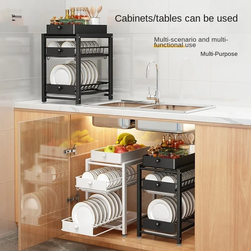 

Kitchen Pull-out Dish Storage Rack, Drain Countertop Drawer, Plate Rack, Seasoning Tableware Organizer