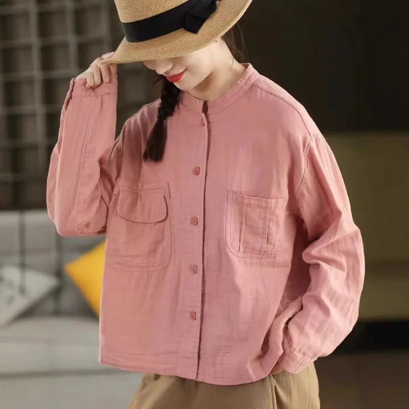 Masss Wasss Japanese Design Winter Tops Women Fashion Loose Casual Cotton Shirts Ladies Luxury Classic Solid Long Sleeve Blouses