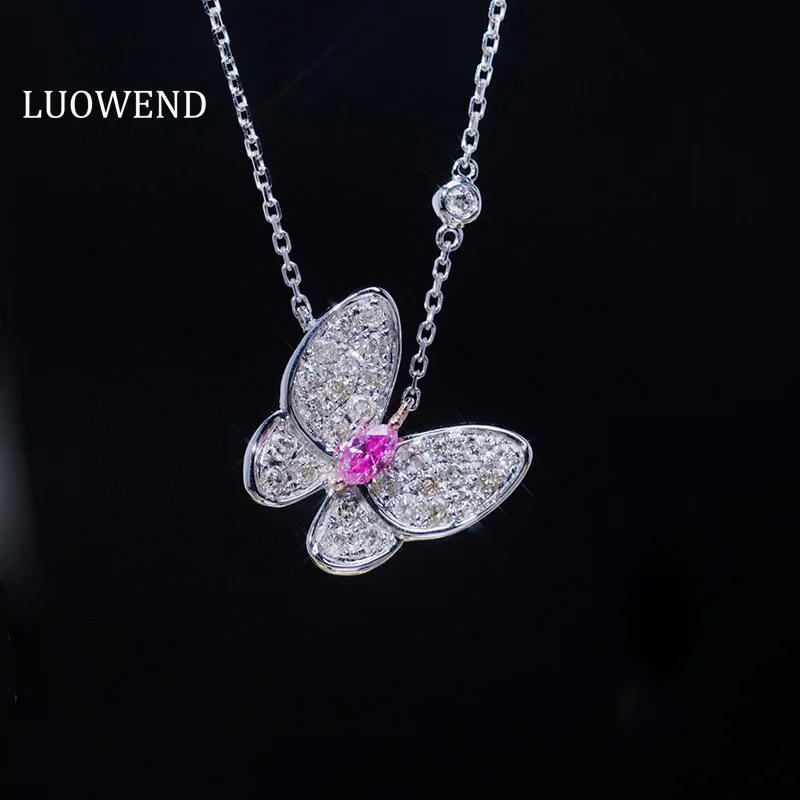 LUOWEND 100% 18K White Gold Necklace Elegant Butterfly Shape Real Natural Pink Diamond Pendant Necklace High Women's Jewelry