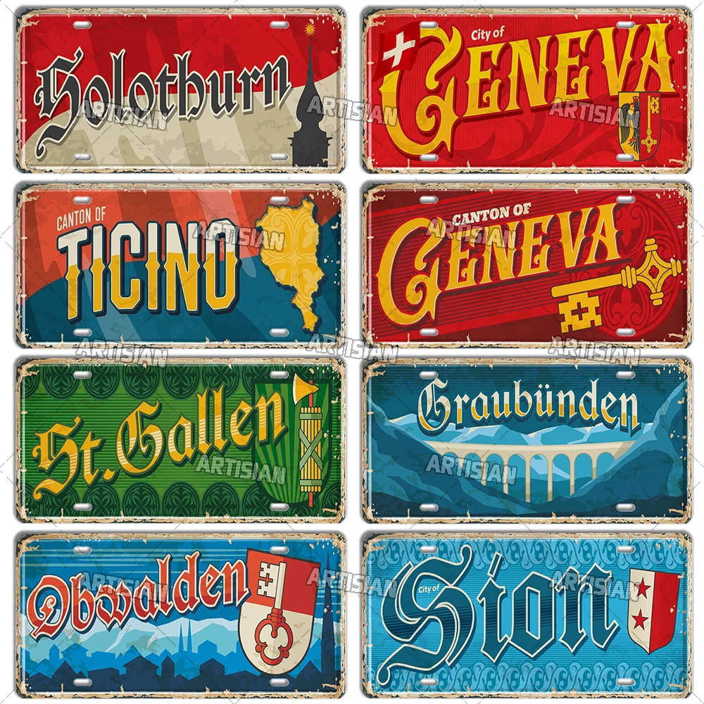 Artisian SWISS Landmark License Plate City Metal Tin Plaque Car Metal Sign Wall Decor Garage Bar Pub Club Hotel Cafe Kitchen