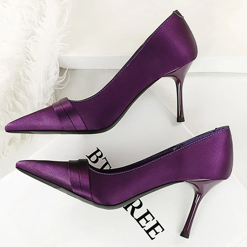 Women Elegant Burgundy 8cm High Heels Dress Shoes Female Fashion Valentine Date Shoes Lady Concise Satin Pointed Toe Shoes