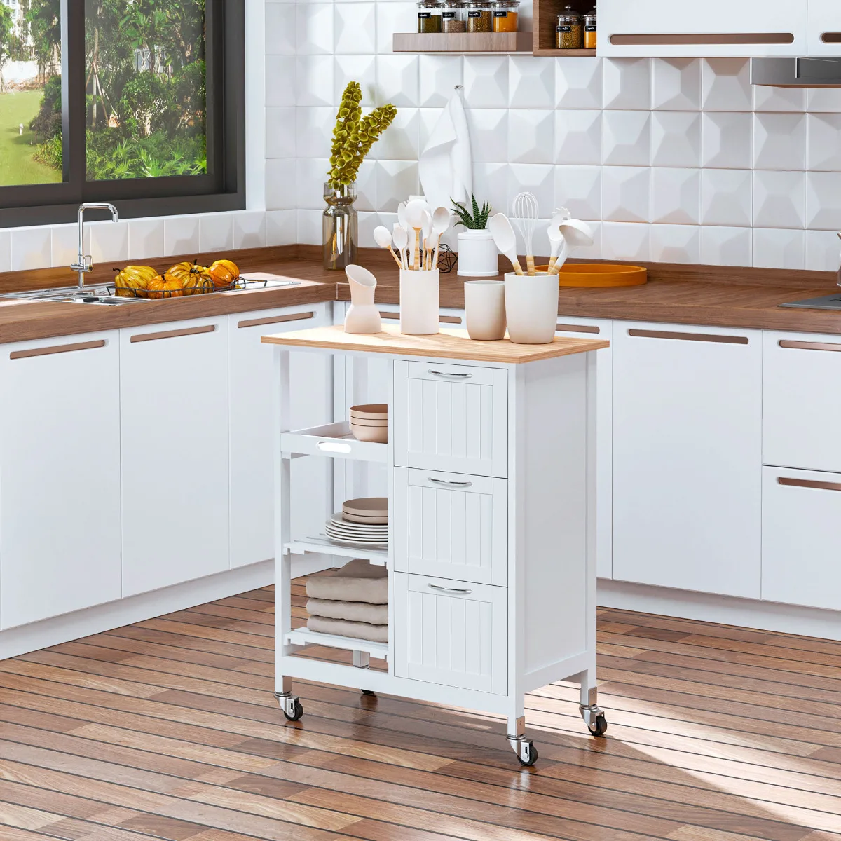 Chariot de cuisine, chariot de service avec 3 tiroirs, 3 niveaux, plan de travail, chariot roulant de cuisine, chariot de rangement, blanc, 67 x 37 x 85 cm