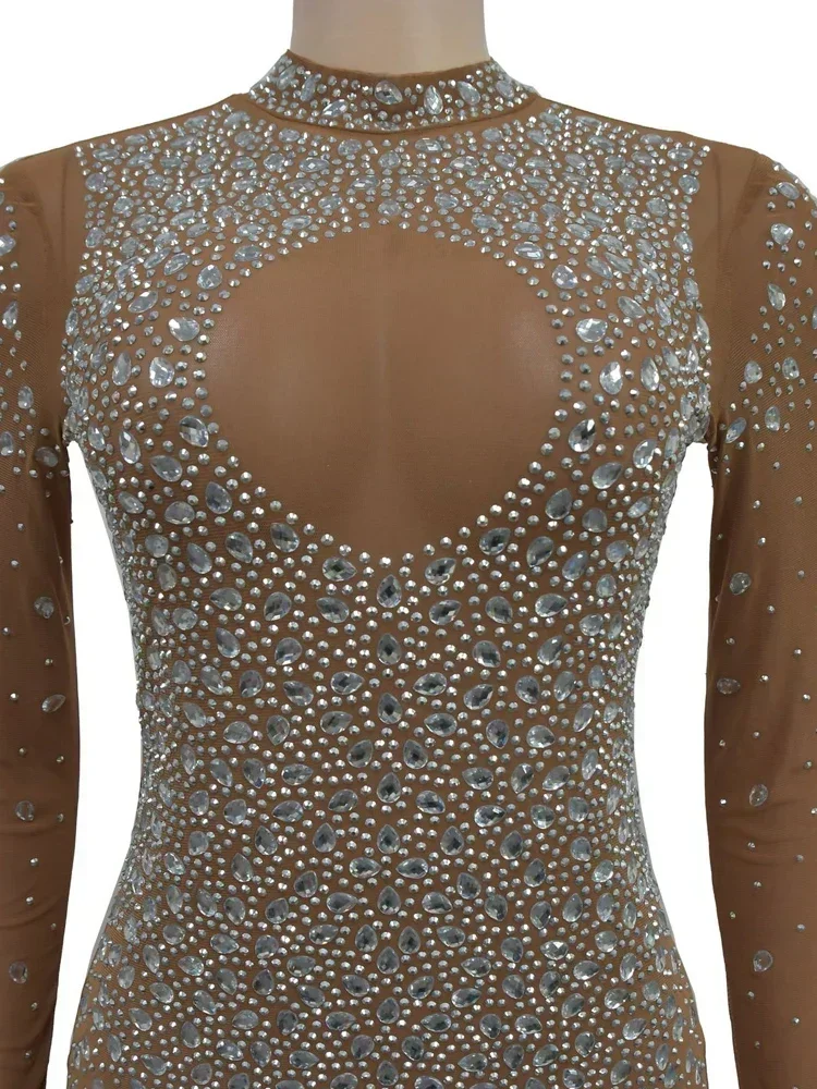 Hermoso vestido de noche transparente de malla de cristal de manga larga recortada marrón Glam transparente diamantes vestidos de fiesta trajes