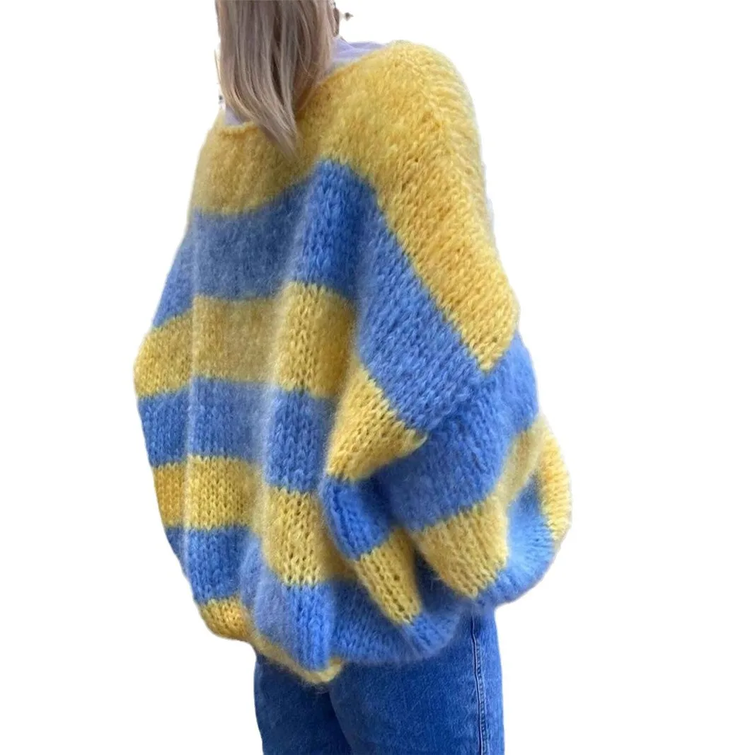 Casual Blue & Yellow Striped Knit Pullover Femmes Loose Simple Sweater Comfortable Knitted Pullover Contrast Striped Knitwears