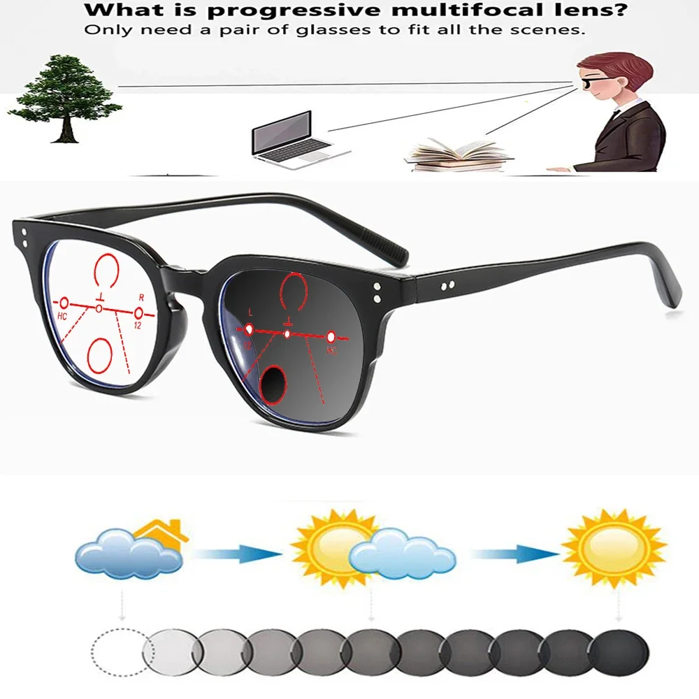 

Black Flat-topped Round Vintage Literary Full-rim Photochromic Progressive Multifocal Reading Glasses +0.75 To +4