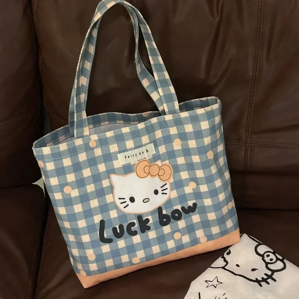 Hello Kitty Tote Bag Miniso Canvas Printing Grid Middle Ancient Style Lucky Bow Portable Shoulder Bag Book Storage Handbag Girls