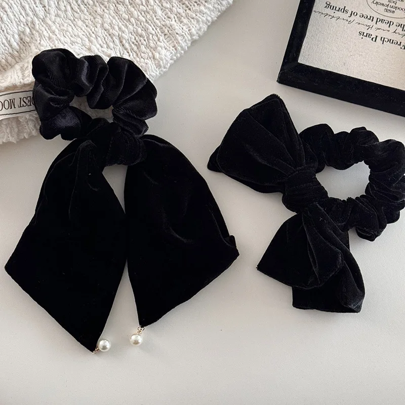 Black velvet pearl pendant with ribbon style hair loop and hair rope high-end vintage velvet temperament versatile headdress