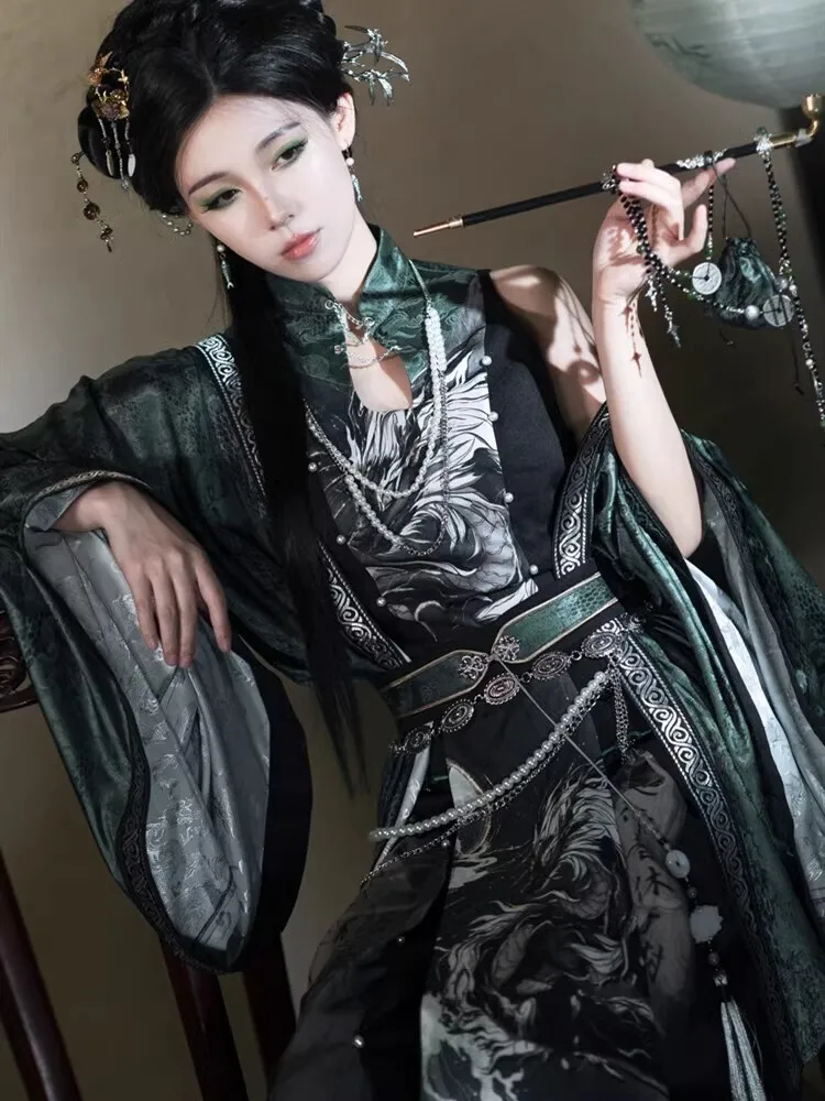 New Chinese Style National Style Han Elements Printing Song Pants Tops Blackish Green Outer Shirt Hanfu Suit Cos Cosplay