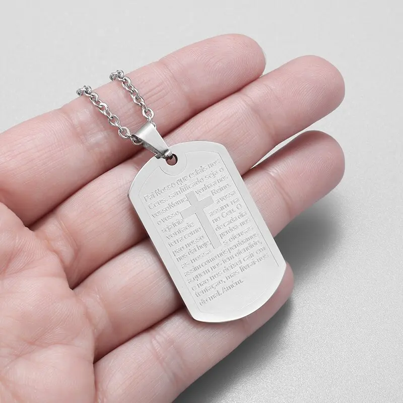 Stainless Steel Bible Verse Dog Tag Cross Pendant Men Women Boys Lord\'s Prayer Necklace Religious Amulet Jewelry Gift