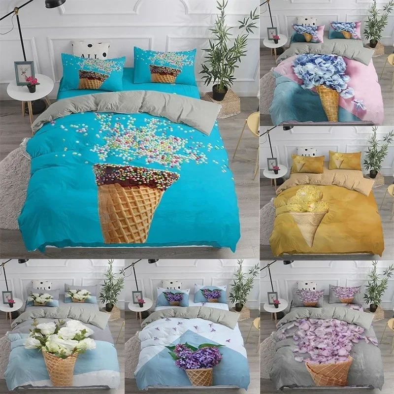 

Ice Cream Flower 3D Printed Microfiber Bedding Set 135 3/4pcs Home Textiles Quilt Cover Jacquard Nordic Sack 90 Bed With Zipper