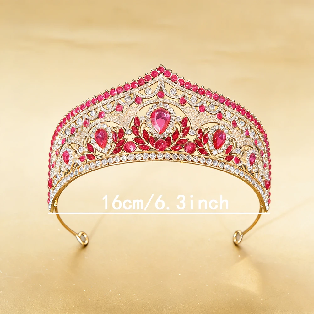 Gilded Red Blue-green Rhinestone Crown Retro Palace Style Luxurious Hair Crown Large Gemstone Inlay Banquet Bride Queen Design view 6