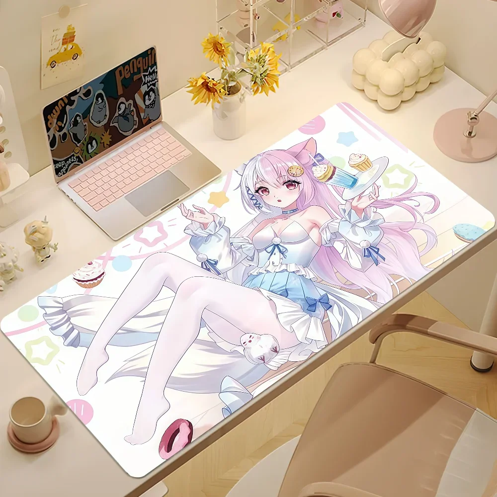 CIFBUY Pretty Pink White Hair Cat Ear Anime Girl Large Gaming Mouse Pad Sweet Star Pattern Anti-slip Rubber Keyboard Desk Mat