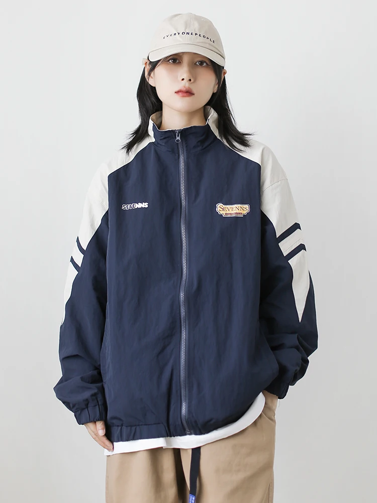 American Style Casual Loose Baseball Jacket Women's Vintage Color Block Design Student Fashion Outerwear Polyester Fiber