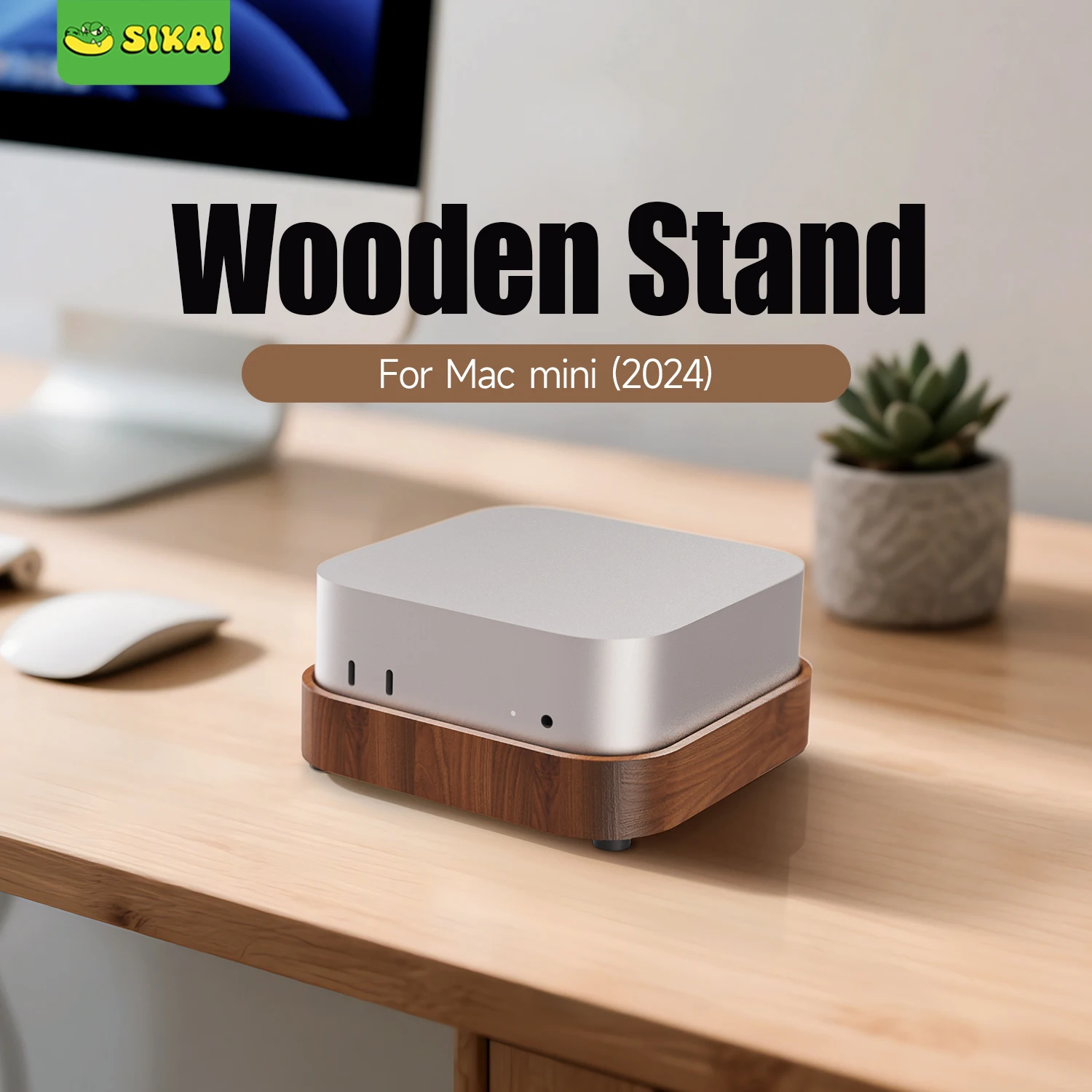 Wooden Dock Stand for 2024 Mac mini M4/M4 Pro Bracket Mount Anti-Dust Cooling Anti-Slip Essential Accessories Desktop Organizer