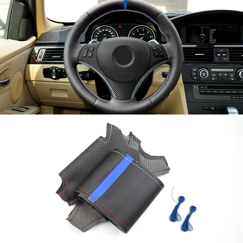 For BMW E82 E87 120i 130i E90 320i 325i 335i 2008-2013 X1 E84 2011 Perforated Leather Car Steering Wheel Red Blue Line Cover