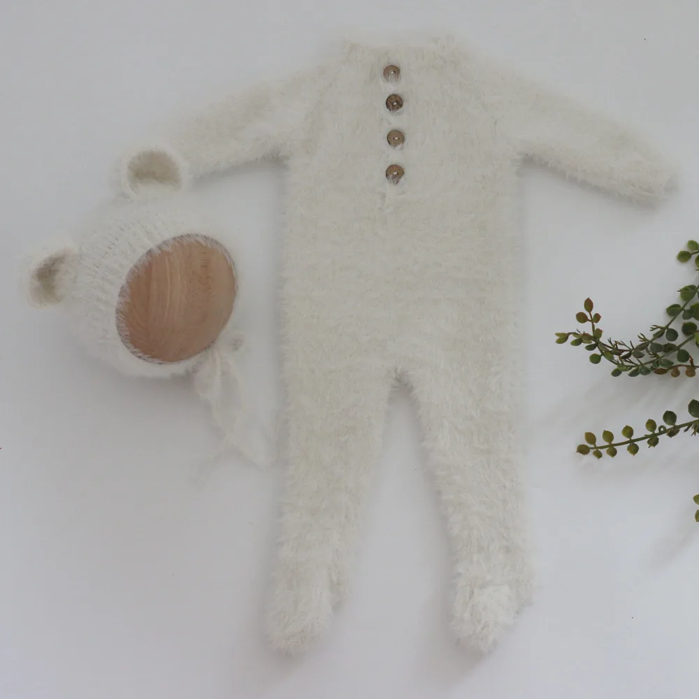 New Newborn Photography Clothing, Baby Soft Knitted Bear Onesie + Hat Two-piece Set
